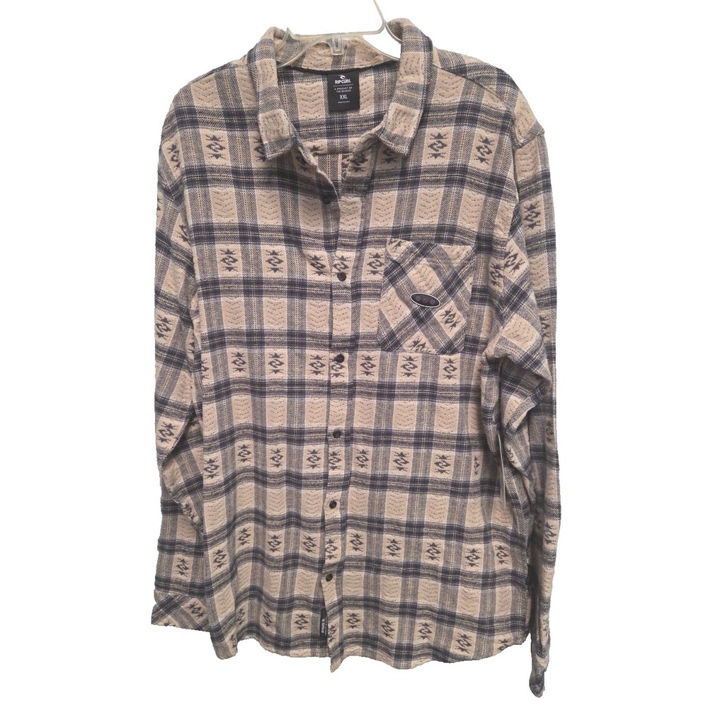 RIP CURL‎ MEN'S XXL Archive Flannel Shirt Pocket Logo LS Button Up Cement NWT